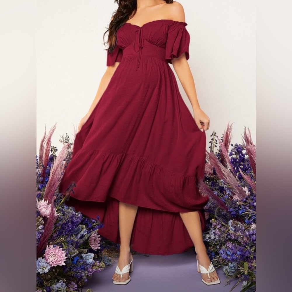 maternity off-shoulder burgundy high-low dress